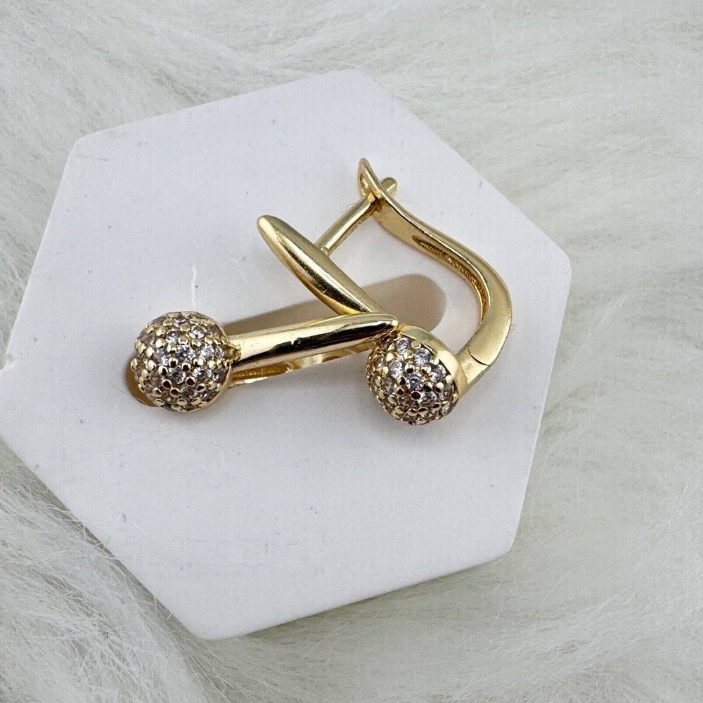 Gold Plated Pave Ball Huggie Hoop Earrings Lever Back Crystal Drop Dangle